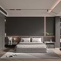 Modern Bedroom Interior With Gray Wardrobes Dark Headboard Wall Bed Geometric Rug And Green Plant