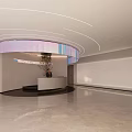 Modern Exhibition Hall Featuring Curved Architectural Design Ambient Lighting Reception Desk And Visitors