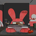 Children's Room With Pink Rabbit Shaped Headboard Gray Bedding Red Striped Wall And Stuffed Toy