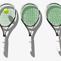 Sports Equipment Three Tennis Rackets With Green Strings White Handles And A Tennis Ball