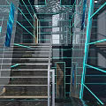 Modern KTV Corridor with Blue Neon Lights Futuristic Patterns and Shiny Floor