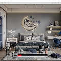 Kids Room Interior With Moon Astronaut Stars Wall Decor Bed Toys And Blue Chair