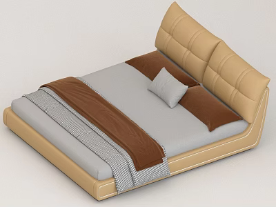 Modern Double Bed With Tufted Beige Headboard Gray Bedding And Brown Accents 3d model