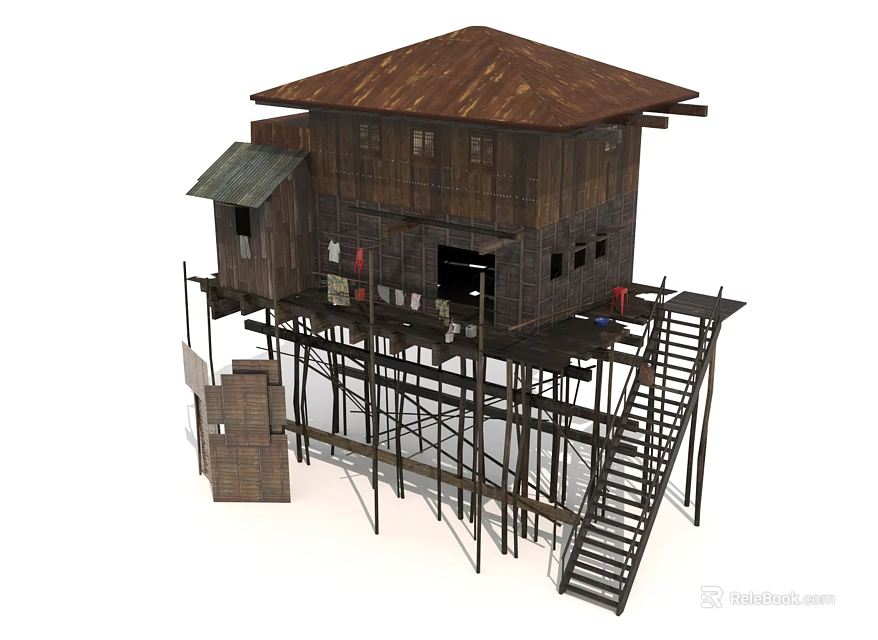 Rustic Stilted Wooden House Featuring Sloped Roof Supporting Stilts And Exterior Staircase 3d model 