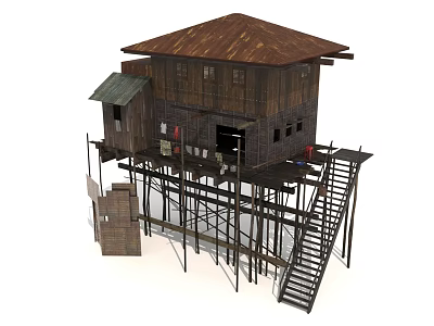 Rustic Stilted Wooden House Featuring Sloped Roof Supporting Stilts And Exterior Staircase 3d model