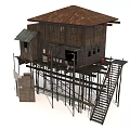 Rustic Stilted Wooden House Featuring Sloped Roof Supporting Stilts And Exterior Staircase