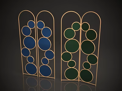 Decorative Room Divider With Gold Frame And Blue Green Circular Patterns 3d model
