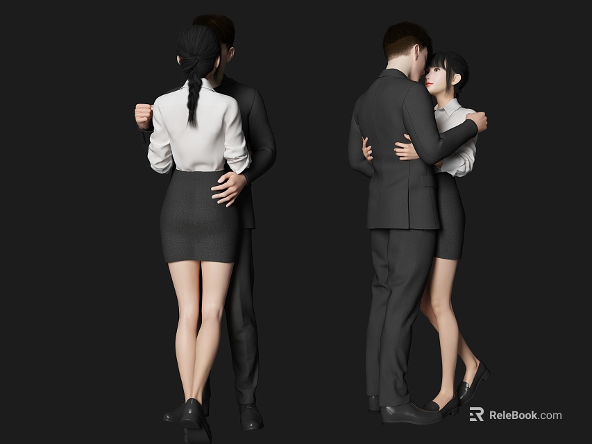 Two People Hugging And Embracing Wearing White Shirt Black Skirt And Suit 3d model 