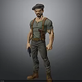 3D Male Character Model With Beard Cap Green Shirt Suspenders Gun And Cargo Pants