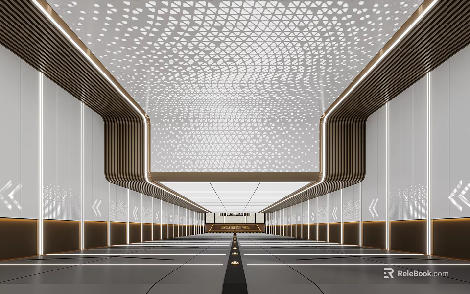 Modern Contemporary Corridor Interior Design Featuring Perforated Ceiling Illuminated Wall Panels And Glossy Floor 3d model 