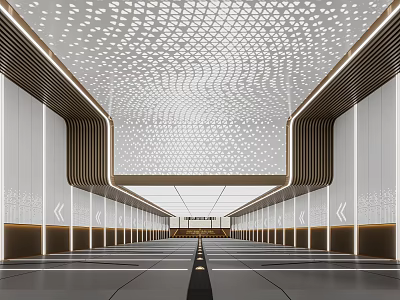 Modern Contemporary Corridor Interior Design Featuring Perforated Ceiling Illuminated Wall Panels And Glossy Floor 3d model