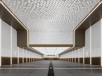 Modern Contemporary Corridor Interior Design Featuring Perforated Ceiling Illuminated Wall Panels And Glossy Floor 3d model