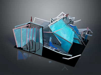 Abstract 3D Art Installation With Geometric Shapes Transparent Panels And Human Figures 3d model