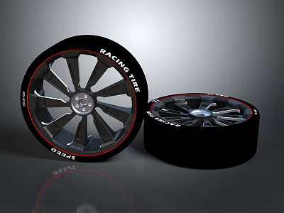 Car Sport Racing Tyres With Black Alloy Rims And Red Accent Stripes 3d model