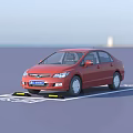 Red Honda Sedan Parked in Marked Parking Space With Yellow Assist Devices