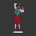 Woman In Green Jacket And Red Skirt Posing On White Platform Against Gray Background