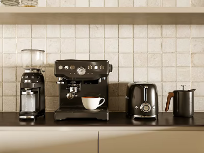 Kitchen Counter With Coffee Machine Grinder Toaster And Kettle On Tiled Wall Background 3d model