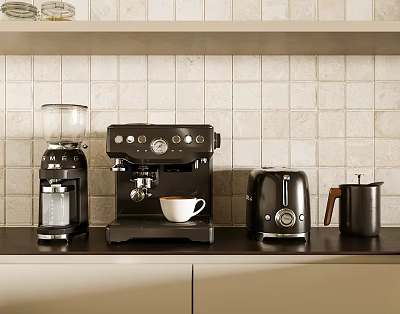 Kitchen Counter With Coffee Machine Grinder Toaster And Kettle On Tiled Wall Background 3d model