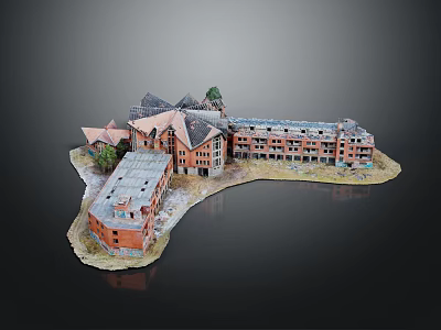 Detailed Cartoon Scene with Red Brick Buildings Various Roofs and Small Trees 3d model