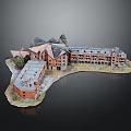 Detailed Cartoon Scene with Red Brick Buildings Various Roofs and Small Trees