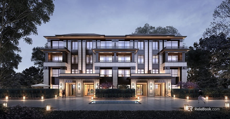 Modern Multi Storey Detached Villa Exterior Design With Large Windows Lush Garden And Exterior Lighting 3d model 