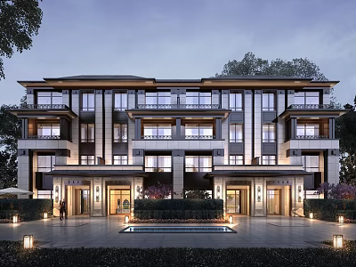 Modern Multi Storey Detached Villa Exterior Design With Large Windows Lush Garden And Exterior Lighting 3d model