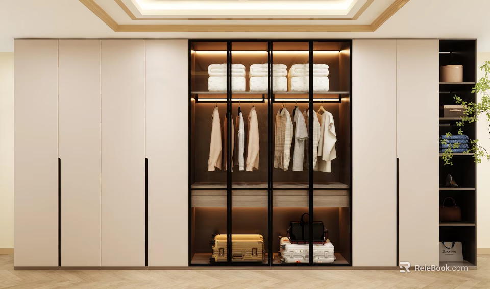 Modern Wardrobe Interior With Glass Doors Hanging Clothes And Storage Space 3d model 