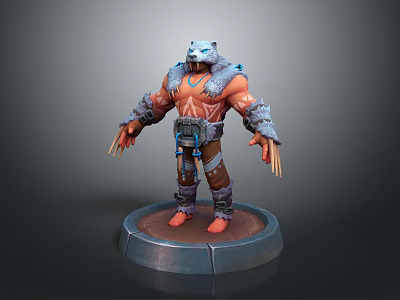 Bear Headed Warrior Character With Muscular Body Fur Armor And Claw Weapons On Display Stand 3d model