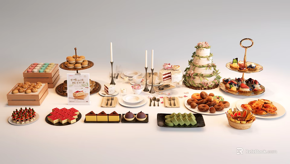 Assorted Dessert Spread With Cupcakes Wedding Cake Fruit Platter Cookies And Cheesecake 3d model 