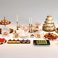 Assorted Dessert Spread With Cupcakes Wedding Cake Fruit Platter Cookies And Cheesecake