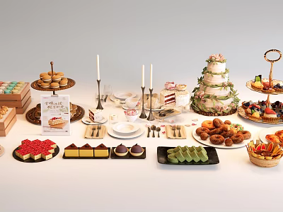 Assorted Dessert Spread With Cupcakes Wedding Cake Fruit Platter Cookies And Cheesecake 3d model