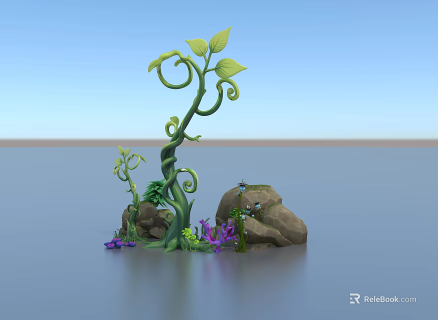 Green Curly Vine With Fresh Leaves Surrounded By Rocks Purple Flowers And Moss 3d model 