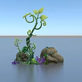 Green Curly Vine With Fresh Leaves Surrounded By Rocks Purple Flowers And Moss