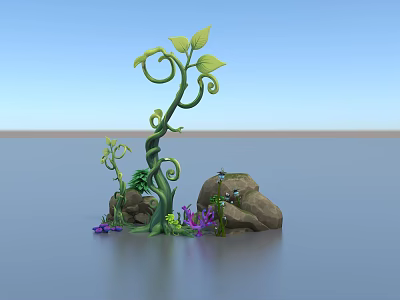 Green Curly Vine With Fresh Leaves Surrounded By Rocks Purple Flowers And Moss 3d model