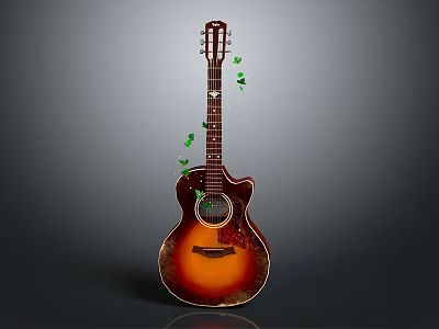 Acoustic Guitar with Gradient Brown to Orange Body and Green Leaf Neck Decorations 3d model