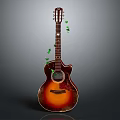 Acoustic Guitar with Gradient Brown to Orange Body and Green Leaf Neck Decorations