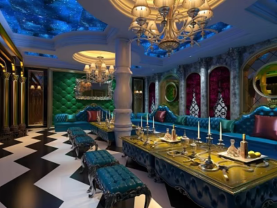 Luxurious KTV Interior With Chandeliers Green Walls Blue Sofas And Checkered Floor 3d model