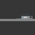 Blue House Model With Solar Panels On Roof Garage Porch White Railing And Stone Wall