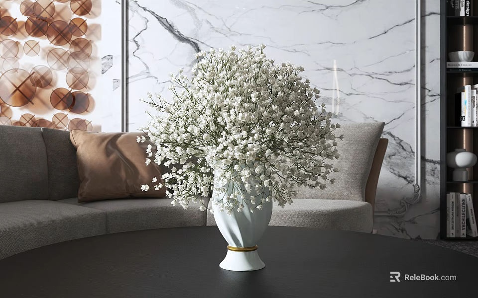 White Vase With Gold Trim And Gypsophila Flowers In Living Room Gray Sofa Brown Cushions 3d model 
