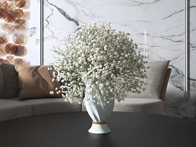 White Vase With Gold Trim And Gypsophila Flowers In Living Room Gray Sofa Brown Cushions 3d model