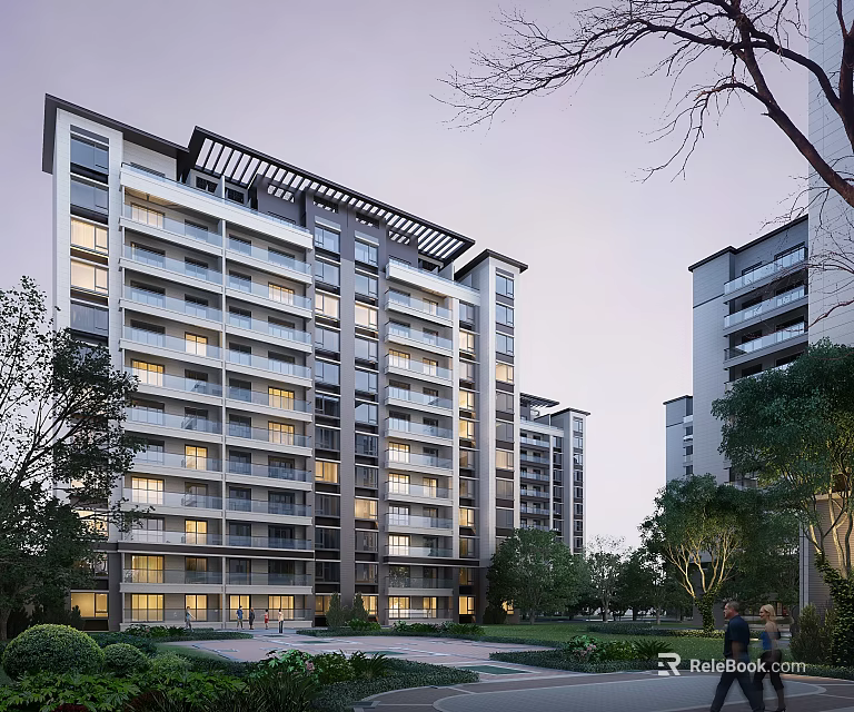 Modern High Rise Residential Buildings With Illuminated Windows And Green Surroundings 3d model 