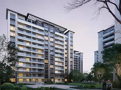 Modern High Rise Residential Buildings With Illuminated Windows And Green Surroundings 3d model