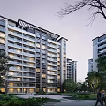 Modern High Rise Residential Buildings With Illuminated Windows And Green Surroundings