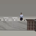 Modern Front Desk Reception with Marble Counter Computers Standing Receptionist Wooden Cabinet and Vase Plant