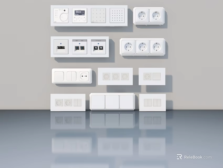White Electrical Switch Panels and Power Sockets with USB Ports and Buttons 3d model