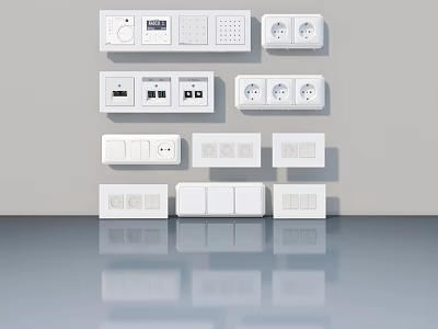 White Electrical Switch Panels and Power Sockets with USB Ports and Buttons 3d model