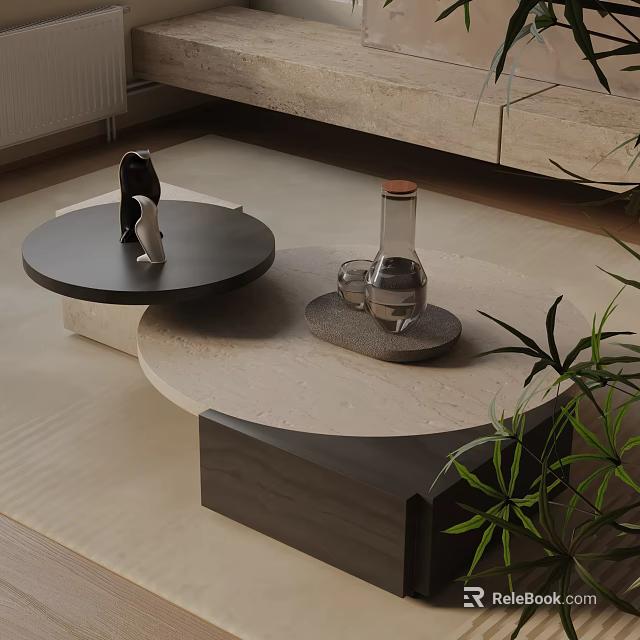 Modern Sofa Coffee Table Set With Decorative Figurine Glass Vase And Green Plant 3d model 