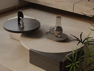 Modern Sofa Coffee Table Set With Decorative Figurine Glass Vase And Green Plant 3d model