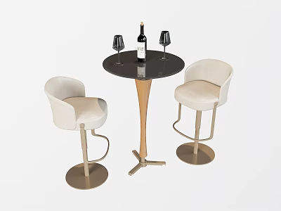 Light Padded Bar Stools With Metal Frame And Wine Bottle Glasses On Round Bar Table 3d model