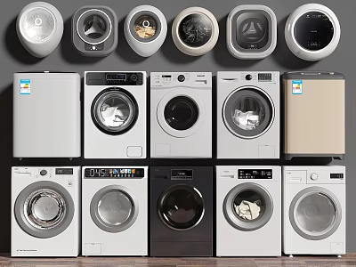 Various Modern Washing Machines With Front Load Design Different Colors And Control Panels 3d model